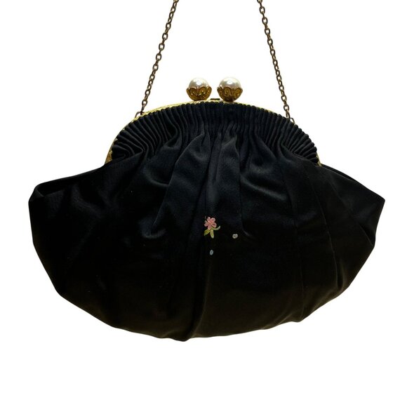 Hervé Paris Black Velvet Floral Embroidered Evening Bag With Pearl Clasp Size S - Picture 3 of 9